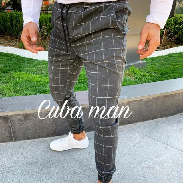 2020 sexy high wasit spring summer fashion pocket Men's Slim Fit Plaid Straight Leg Trousers Casual Pencil Jogger Casual Pants