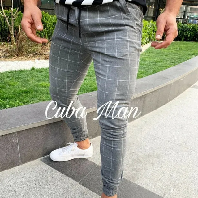 2020 sexy high wasit spring summer fashion pocket Men's Slim Fit Plaid Straight Leg Trousers Casual Pencil Jogger Casual Pants