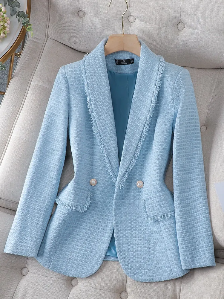 CAROLINE SUITS Women's Elegant Stylish Fashion Office Professional Woven Light Blue Sky Blue Plaid Blazer Jacket