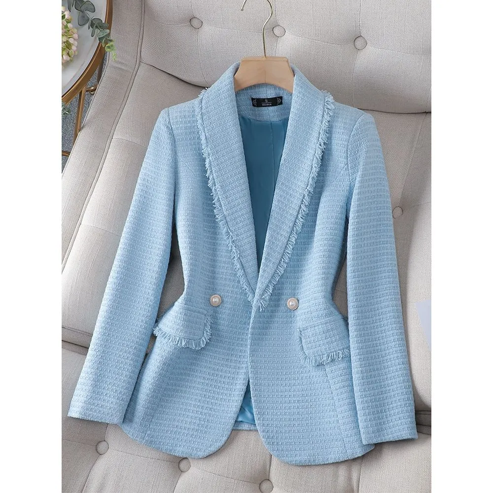 CAROLINE SUITS Women's Elegant Stylish Fashion Office Professional Woven Light Blue Sky Blue Plaid Blazer Jacket