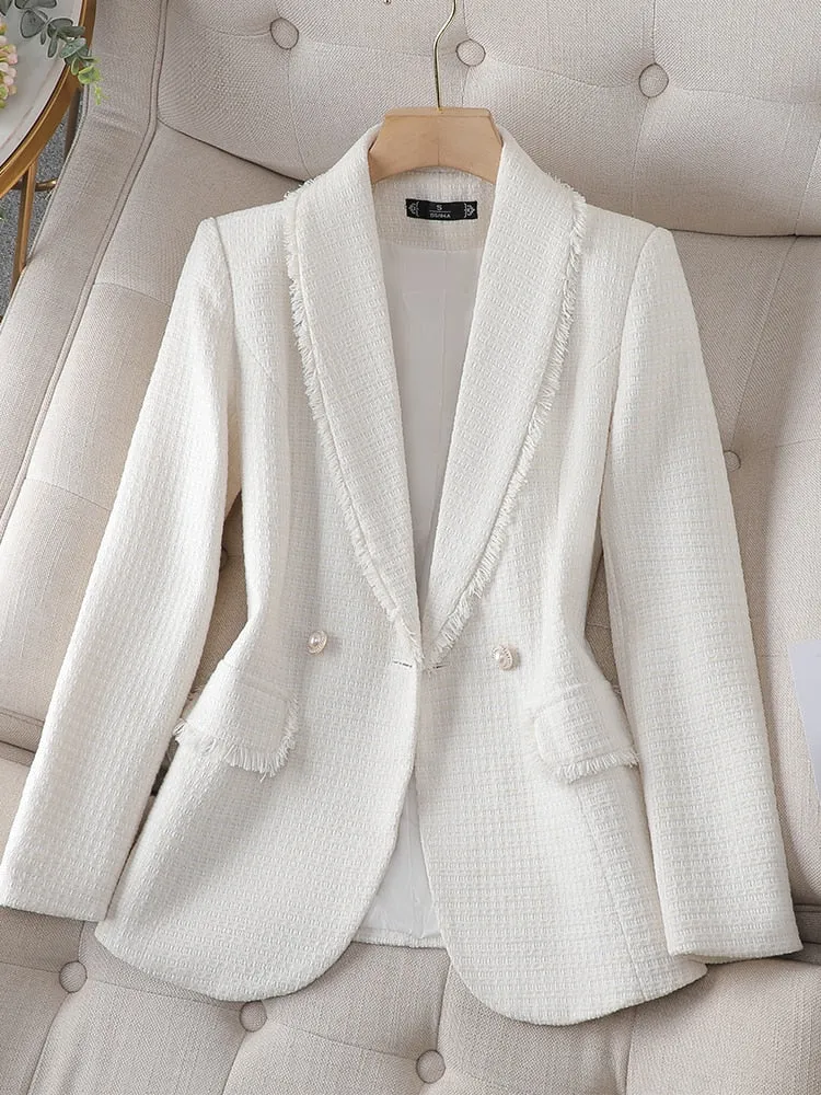 CAROLINE SUITS Women's Elegant Stylish Fashion Office Professional Woven Light Blue Sky Blue Plaid Blazer Jacket