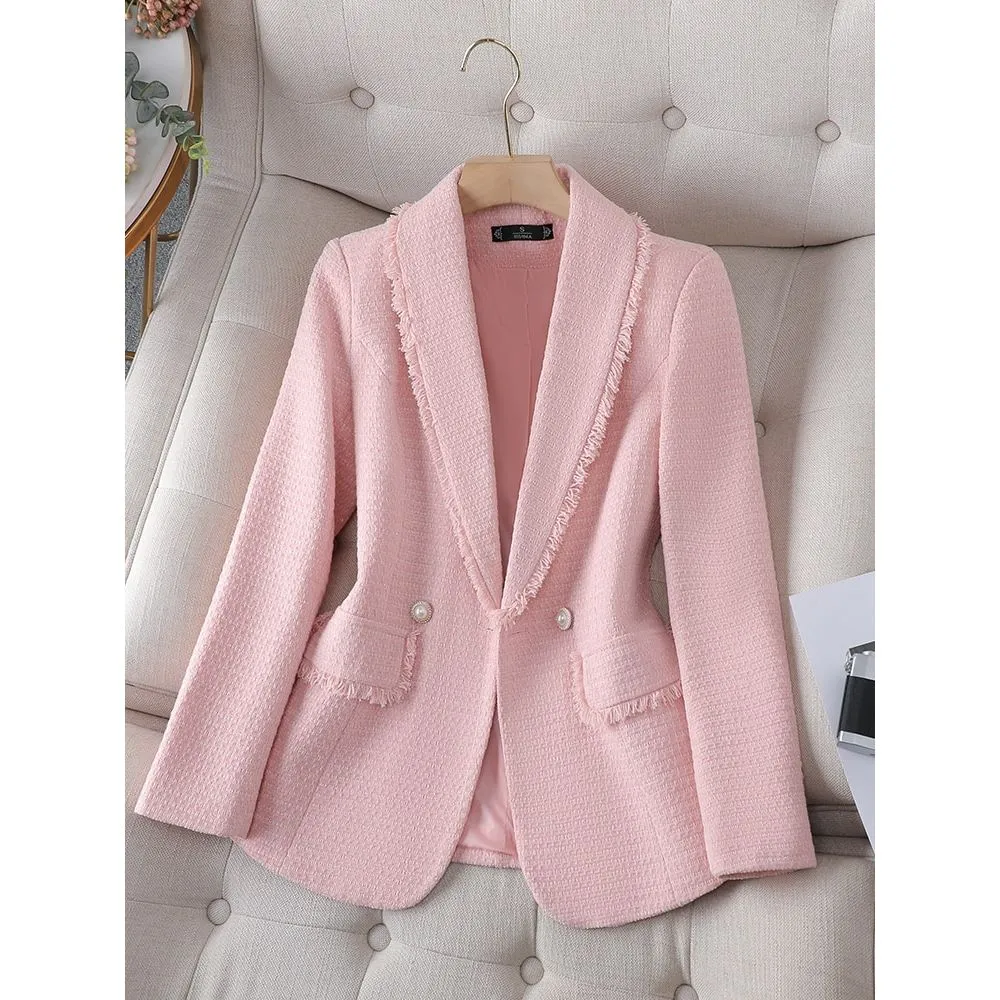 CAROLINE SUITS Women's Elegant Stylish Fashion Office Professional Woven Pink Plaid Blazer Jacket