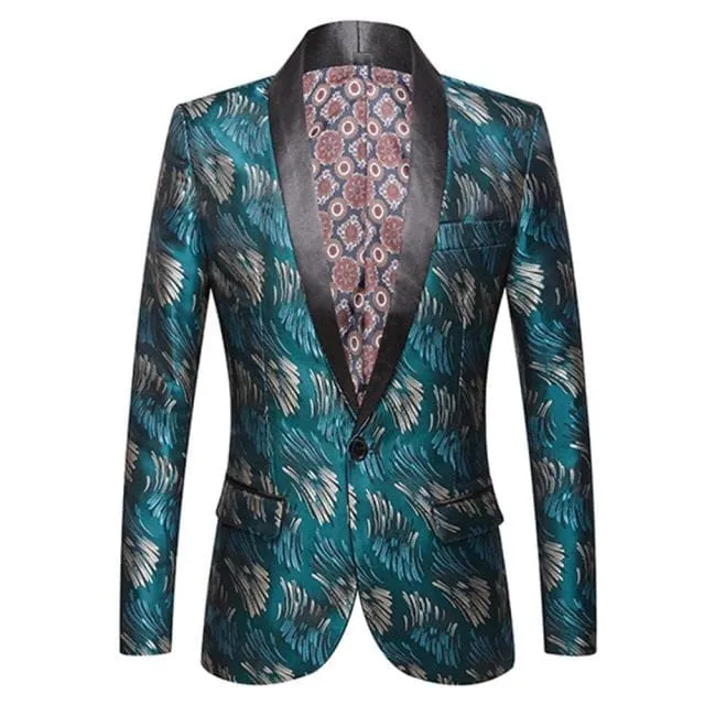 CGSUITS Men's Fashion Luxury Style Jacquard Teal Green Blue Black Blazer Suit Jacket