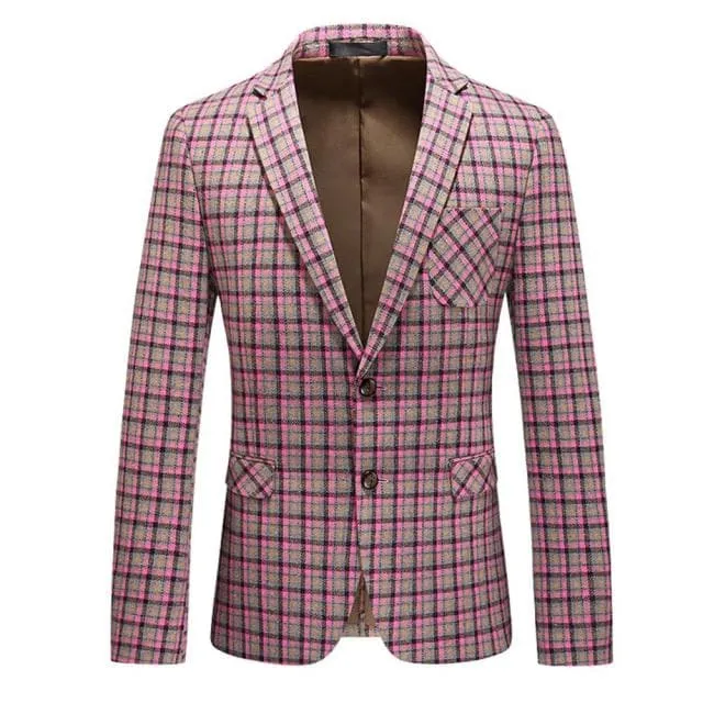 CGSUITS Men's Fashion Luxury Style Plaid Design Yellow Gold Pink Blazer Suit Jacket