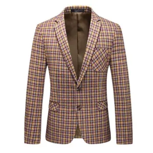 CGSUITS Men's Fashion Luxury Style Plaid Design Yellow Gold Pink Blazer Suit Jacket