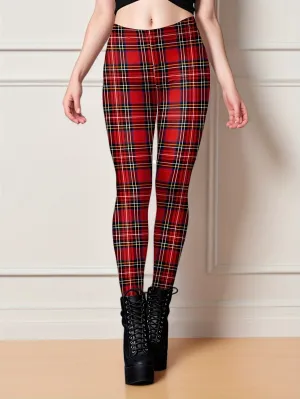 Chic Plaid Skinny Leggings Comfy Elastic Waist Stretchy Womens Pant