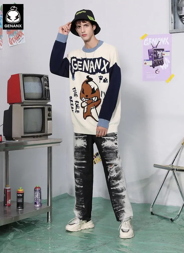 Contrast Color Cartoon Jacquard Crew Neck Sweater