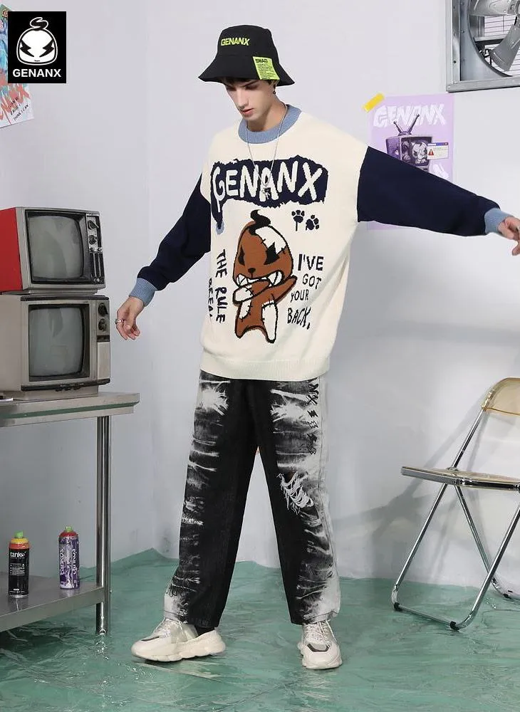 Contrast Color Cartoon Jacquard Crew Neck Sweater