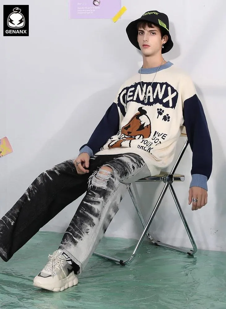 Contrast Color Cartoon Jacquard Crew Neck Sweater