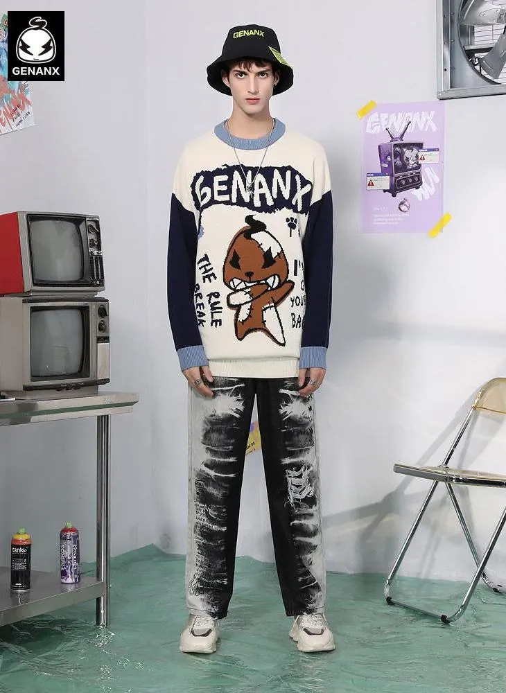 Contrast Color Cartoon Jacquard Crew Neck Sweater