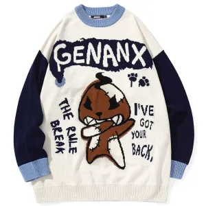 Contrast Color Cartoon Jacquard Crew Neck Sweater