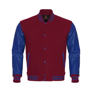 Custom Varsity Jackets Maroon Body and Blue Leather Sleeves Varsity Jacket