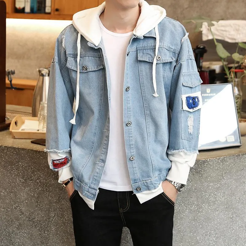 Denim Jacket Loose Trendy Tops Student False Two-Piece Hooded Outerwear