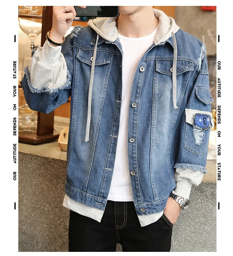 Denim Jacket Loose Trendy Tops Student False Two-Piece Hooded Outerwear