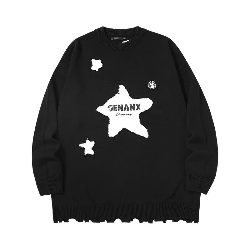 Irregular hemline pentagram letter-printed wiring shoulder-drop sweater