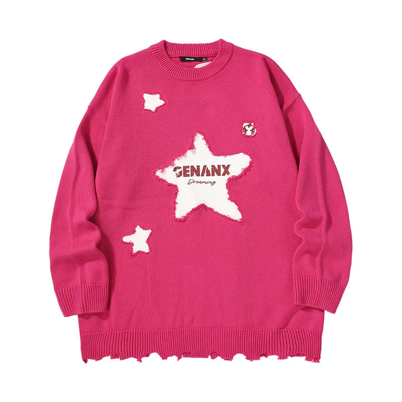 Irregular hemline pentagram letter-printed wiring shoulder-drop sweater