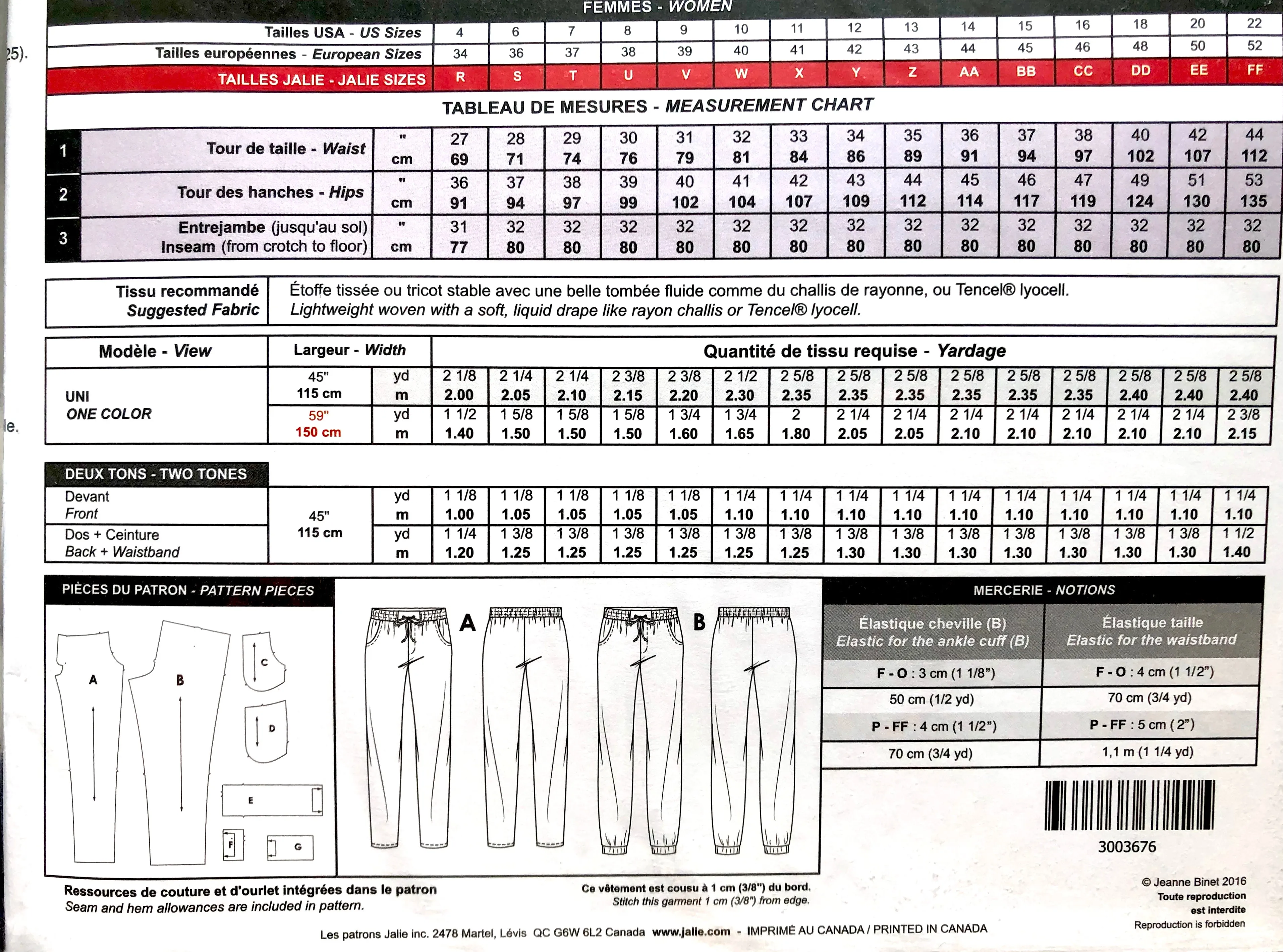 Jalie Lounge Pants Pattern 3676