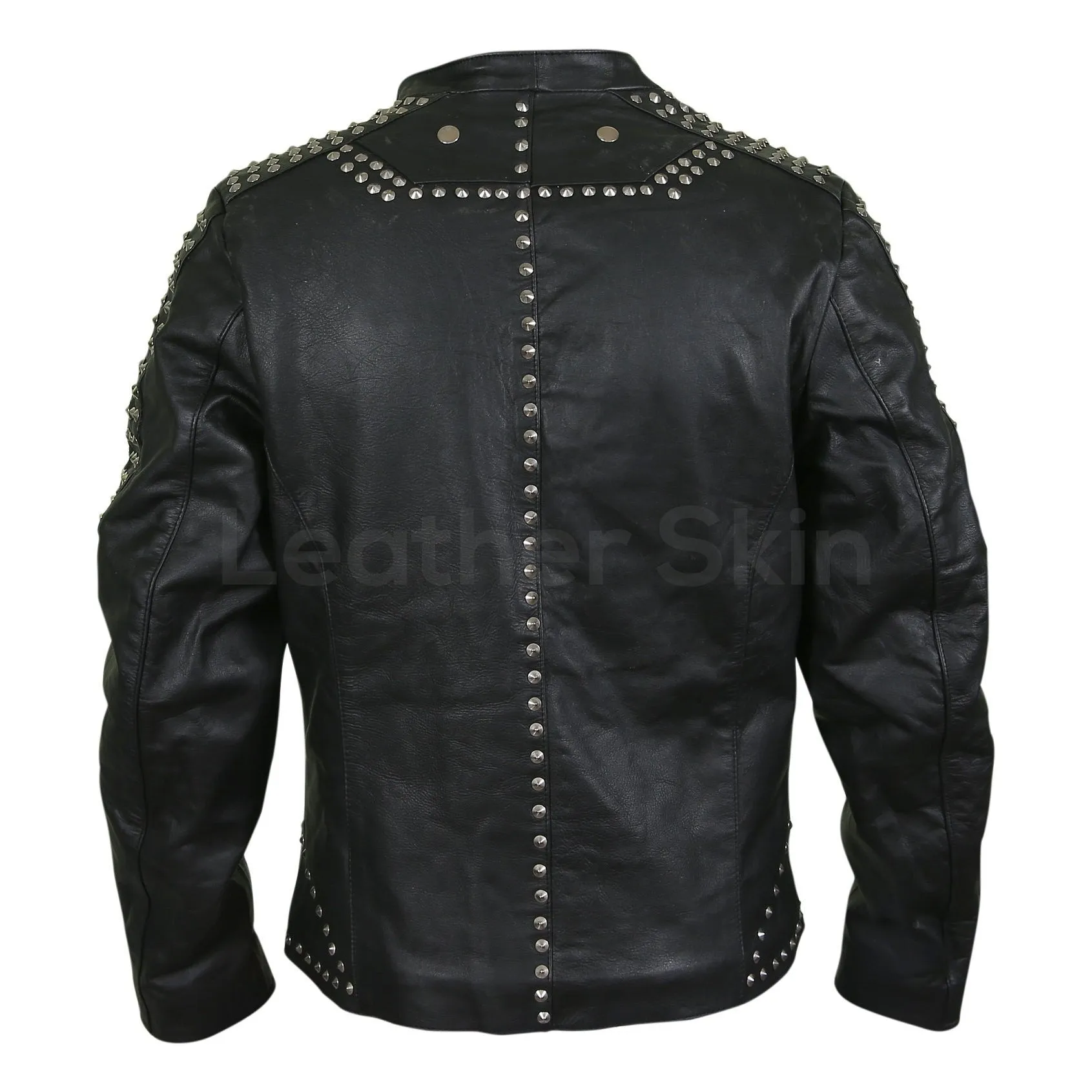 Men Black Jacket with Cone Spikes Stud on Shoulder