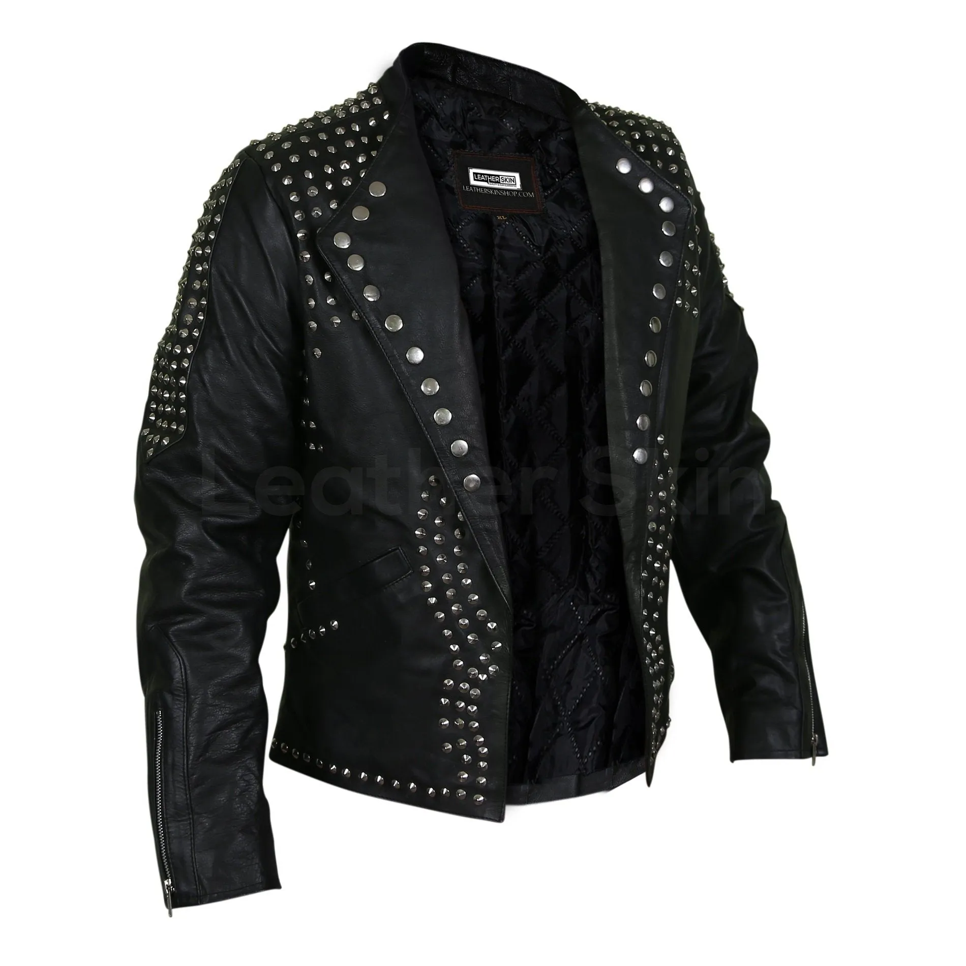 Men Black Jacket with Cone Spikes Stud on Shoulder