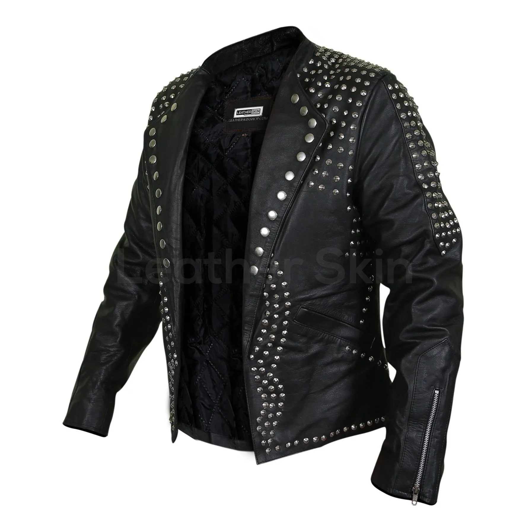 Men Black Jacket with Cone Spikes Stud on Shoulder