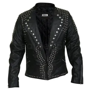 Men Black Jacket with Cone Spikes Stud on Shoulder