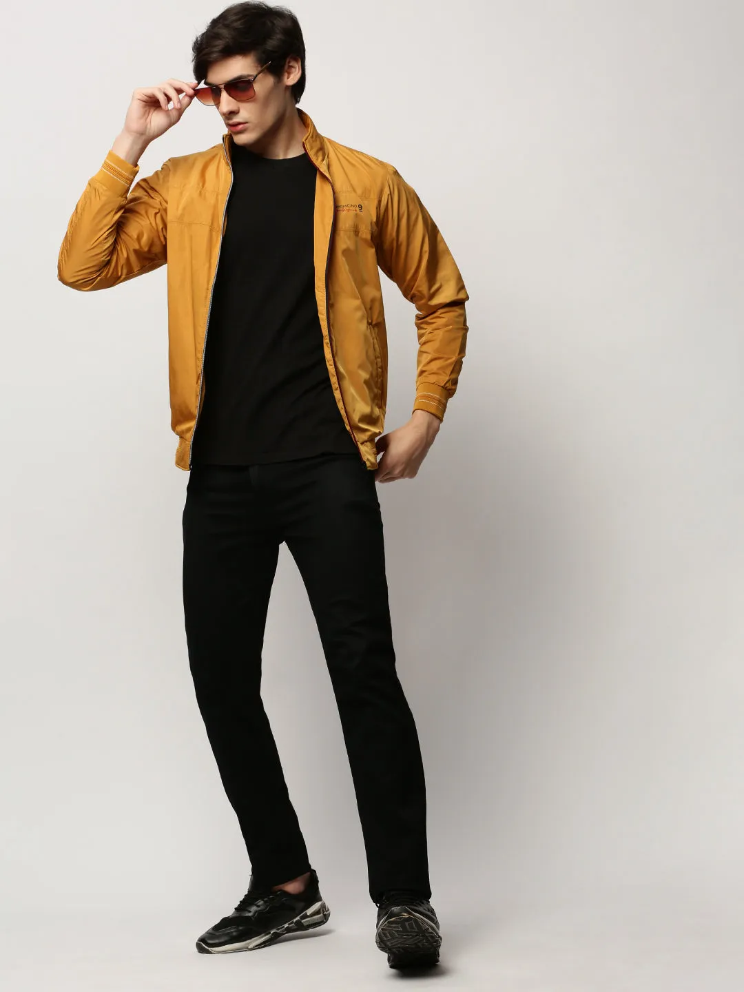 Men Yellow Solid Casual Bomber Jackets