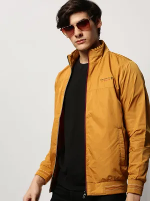 Men Yellow Solid Casual Bomber Jackets