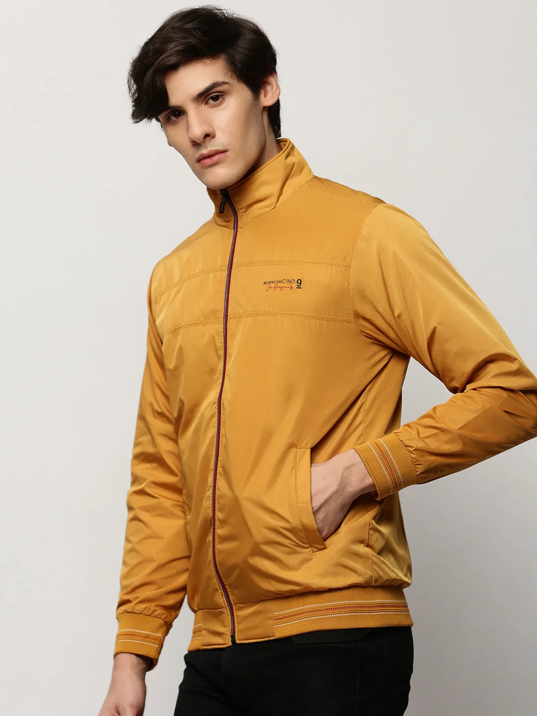 Men Yellow Solid Casual Bomber Jackets