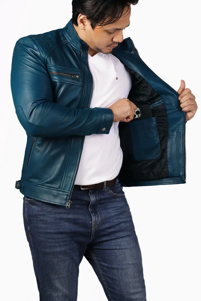 Men's Casual Signature Diamond Lambskin Leather Jacket-Blue