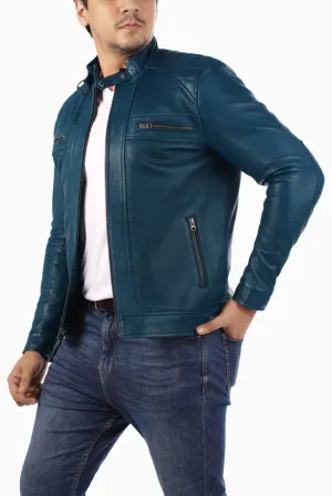 Men's Casual Signature Diamond Lambskin Leather Jacket-Blue