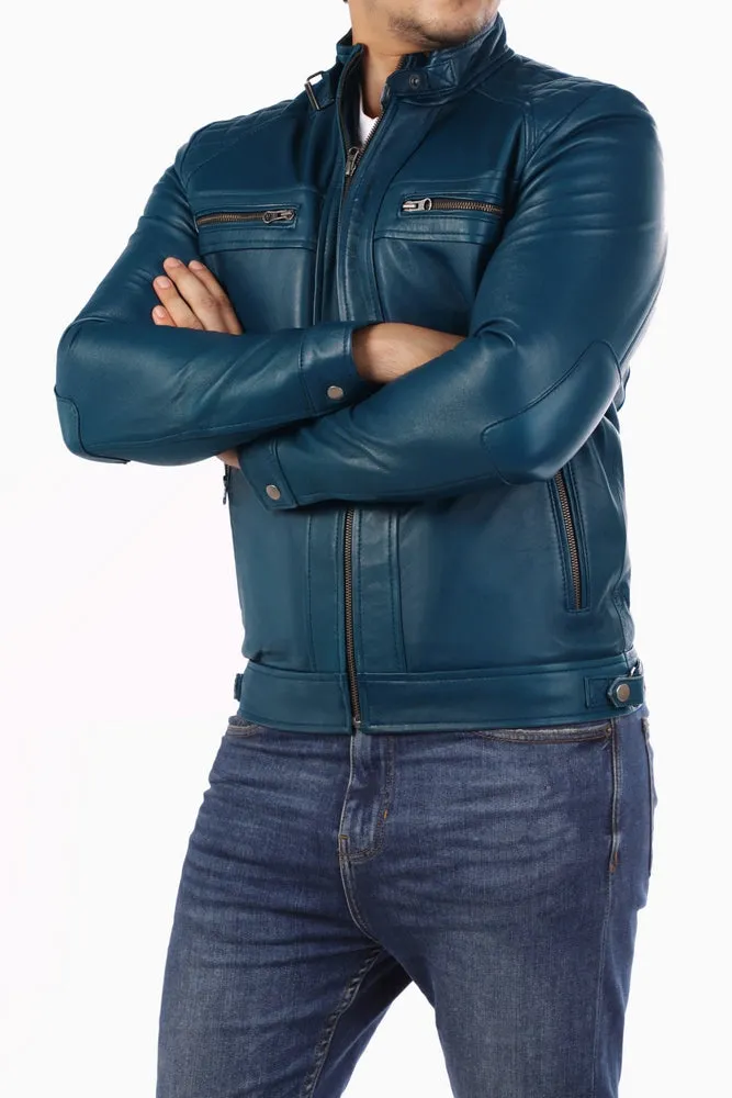 Men's Casual Signature Diamond Lambskin Leather Jacket-Blue