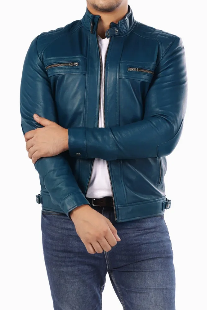 Men's Casual Signature Diamond Lambskin Leather Jacket-Blue