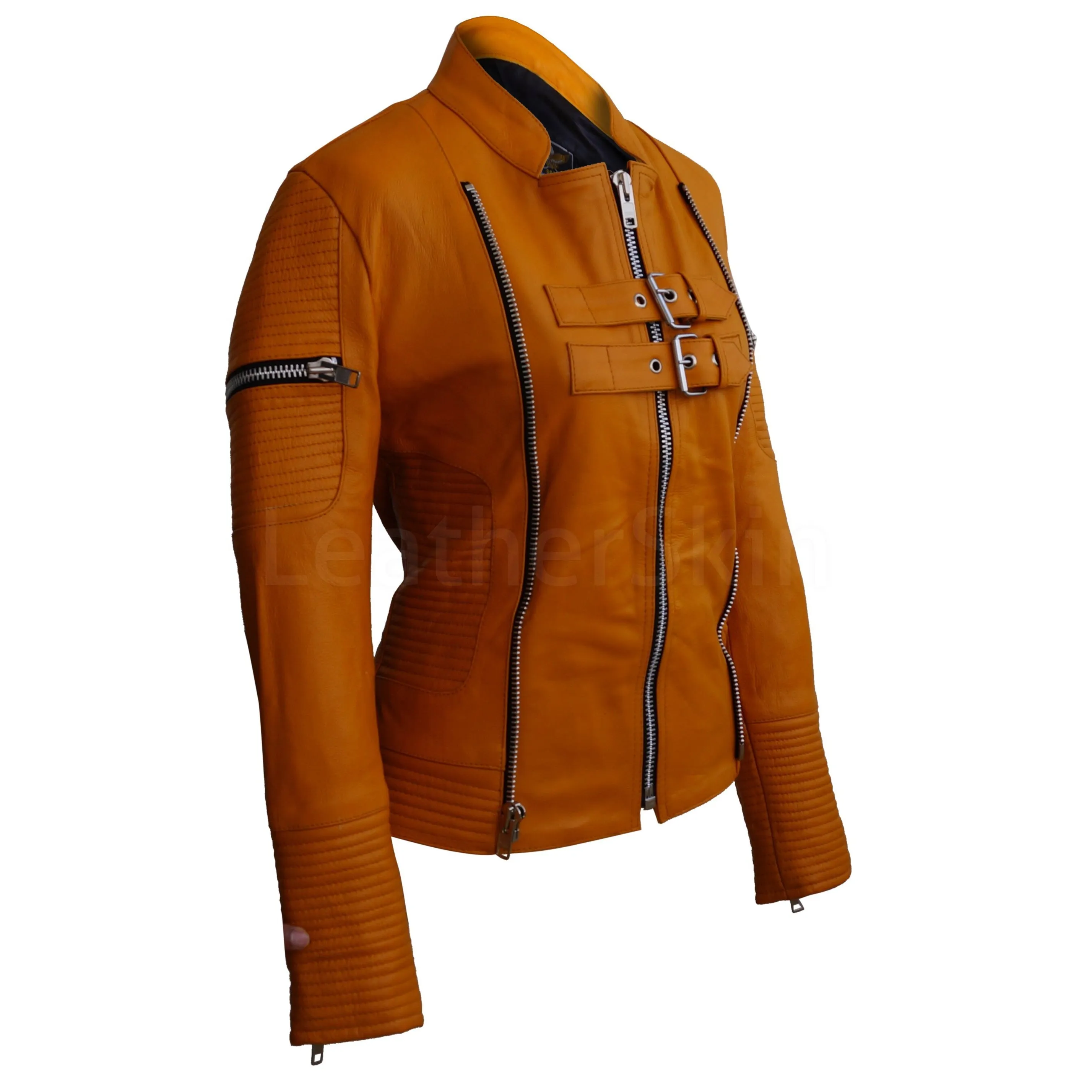 Mustard Yellow Sheep Skin Rib Quilted Genuine Leather Jacket