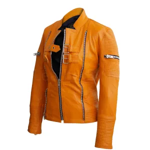 Mustard Yellow Sheep Skin Rib Quilted Genuine Leather Jacket