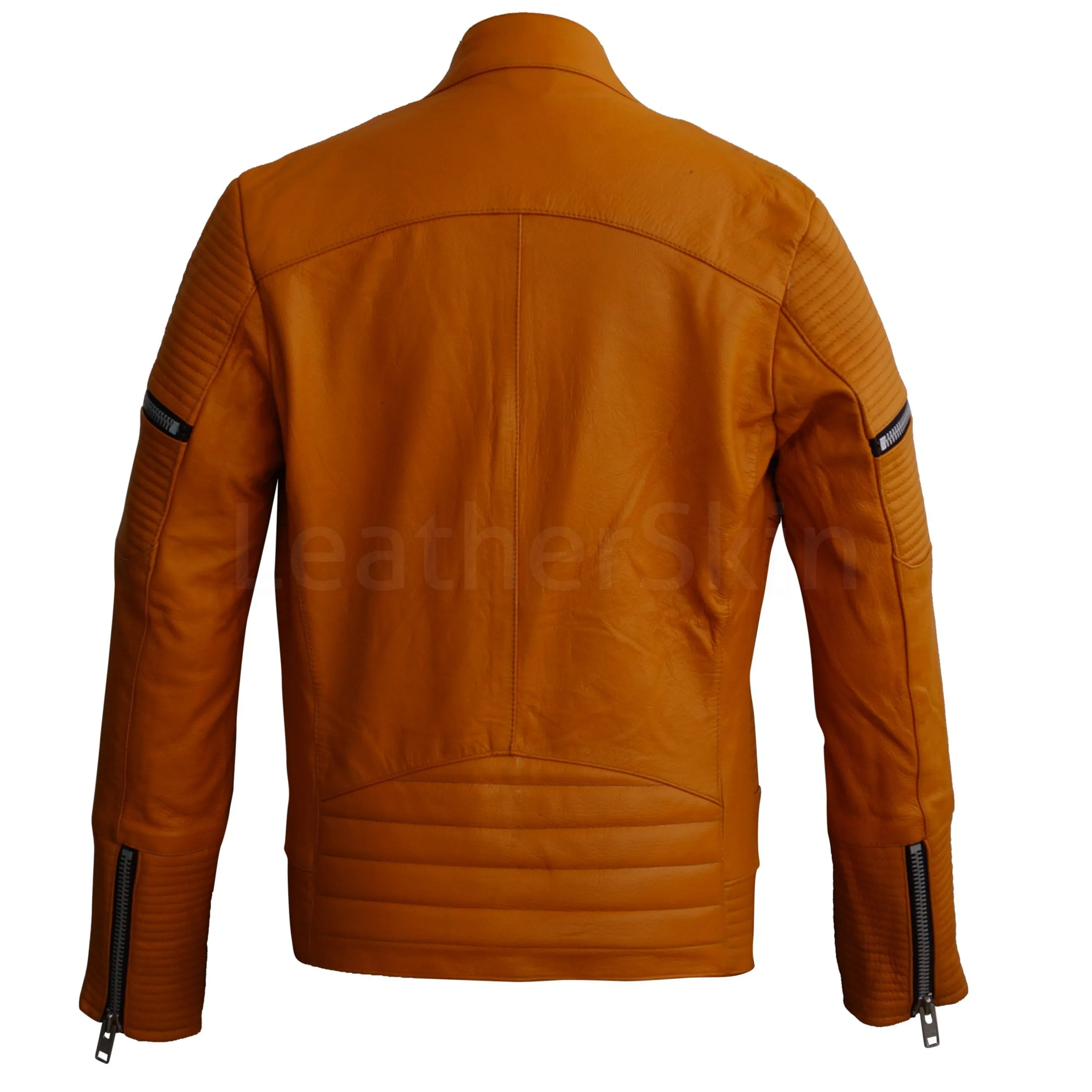 Mustard Yellow Sheep Skin Rib Quilted Genuine Leather Jacket