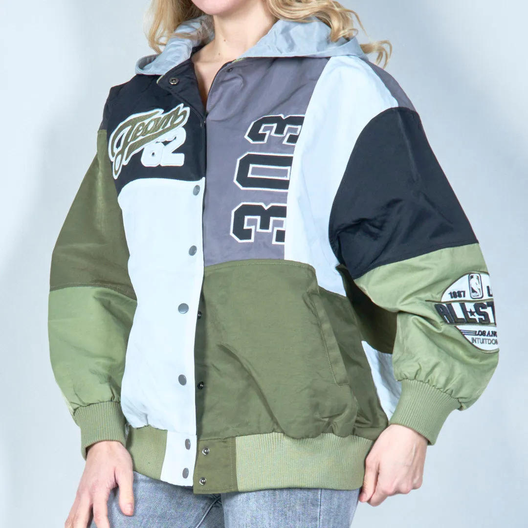 Patchwork varsity jacket with snap buttons wholesale