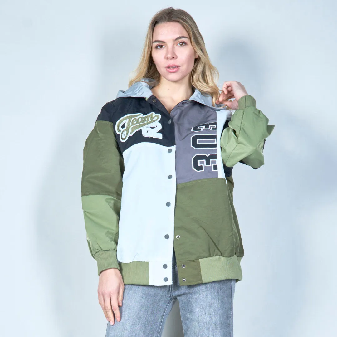 Patchwork varsity jacket with snap buttons wholesale