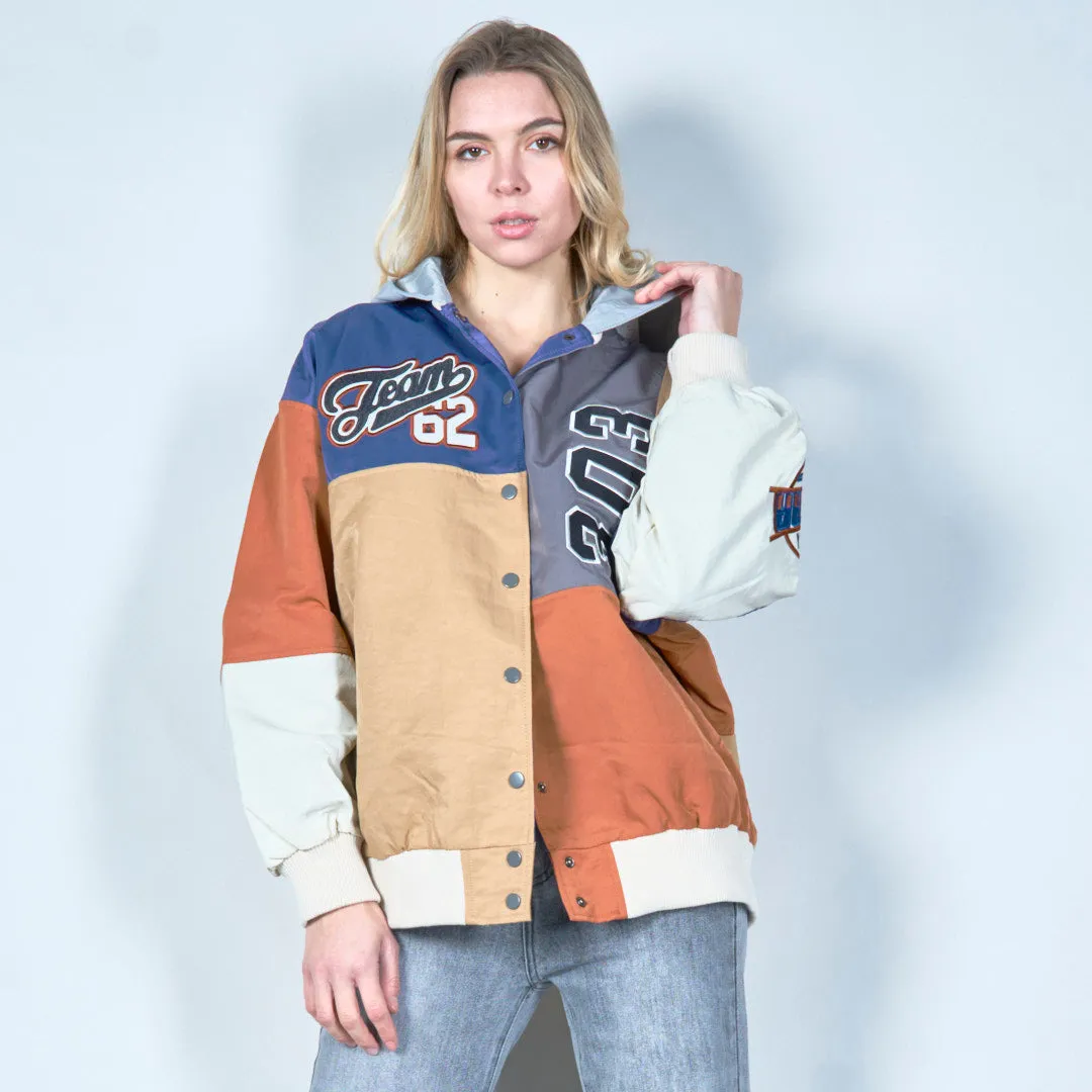 Patchwork varsity jacket with snap buttons wholesale