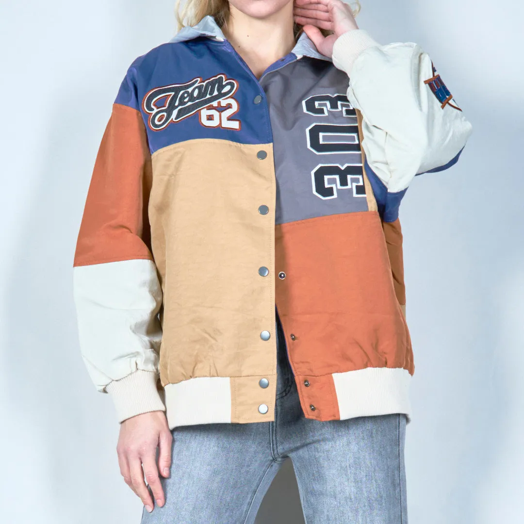 Patchwork varsity jacket with snap buttons wholesale