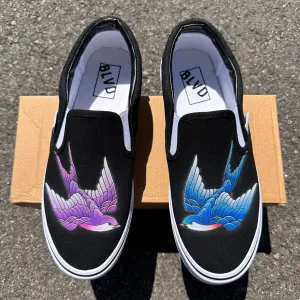 Purple And Blue Sparrows - BLVD Custom Original Slip Ons