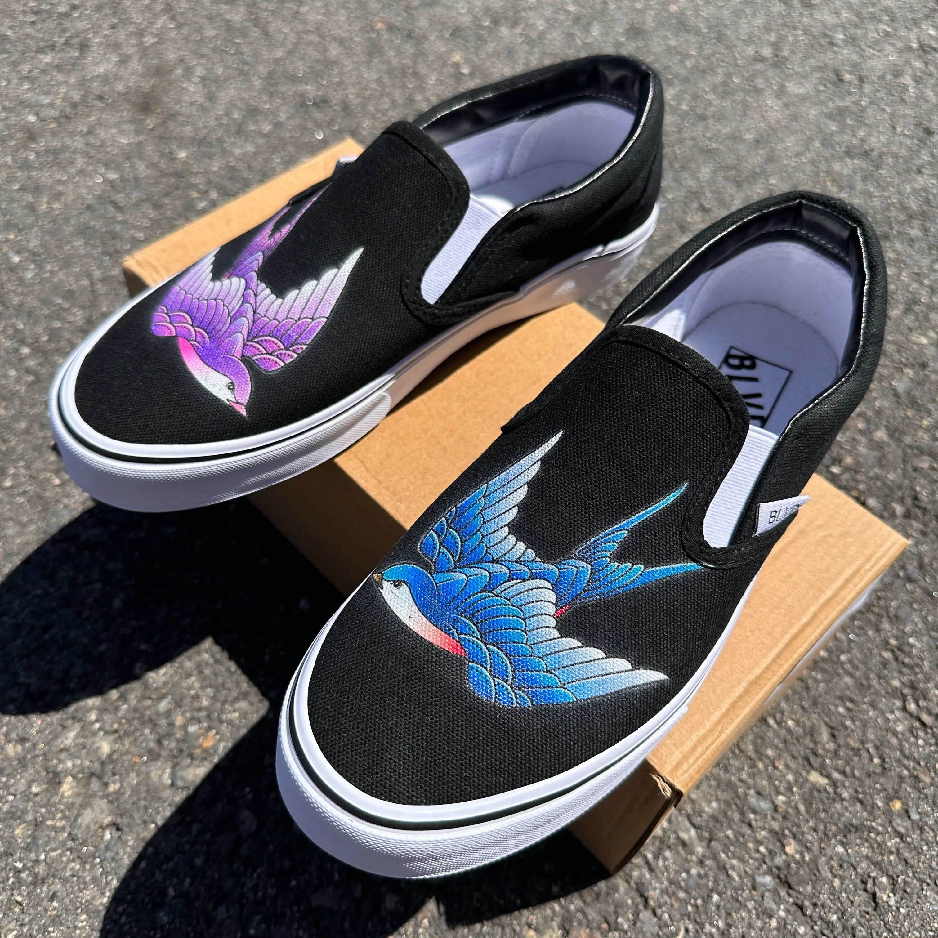 Purple And Blue Sparrows - BLVD Custom Original Slip Ons