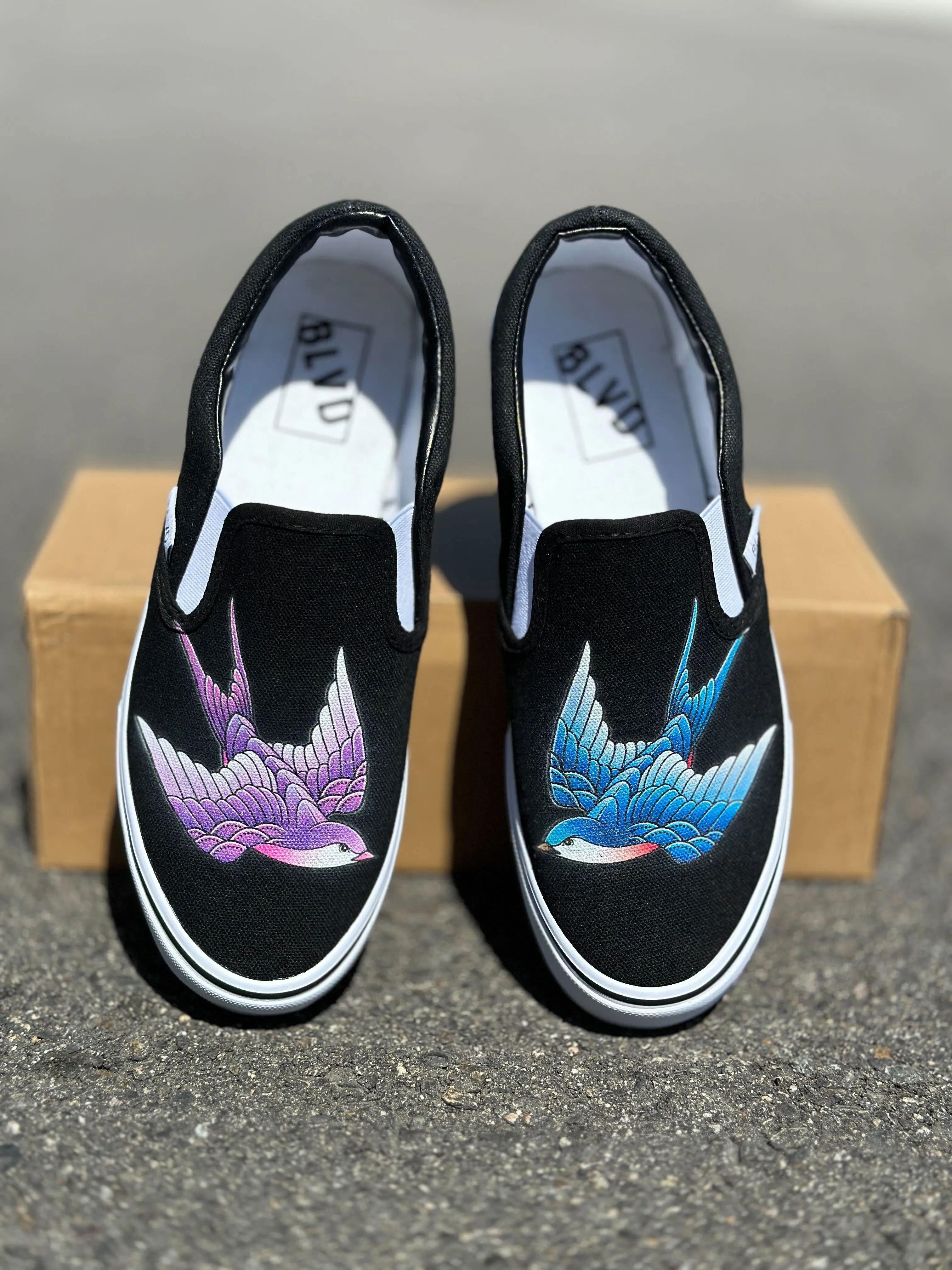 Purple And Blue Sparrows - BLVD Custom Original Slip Ons