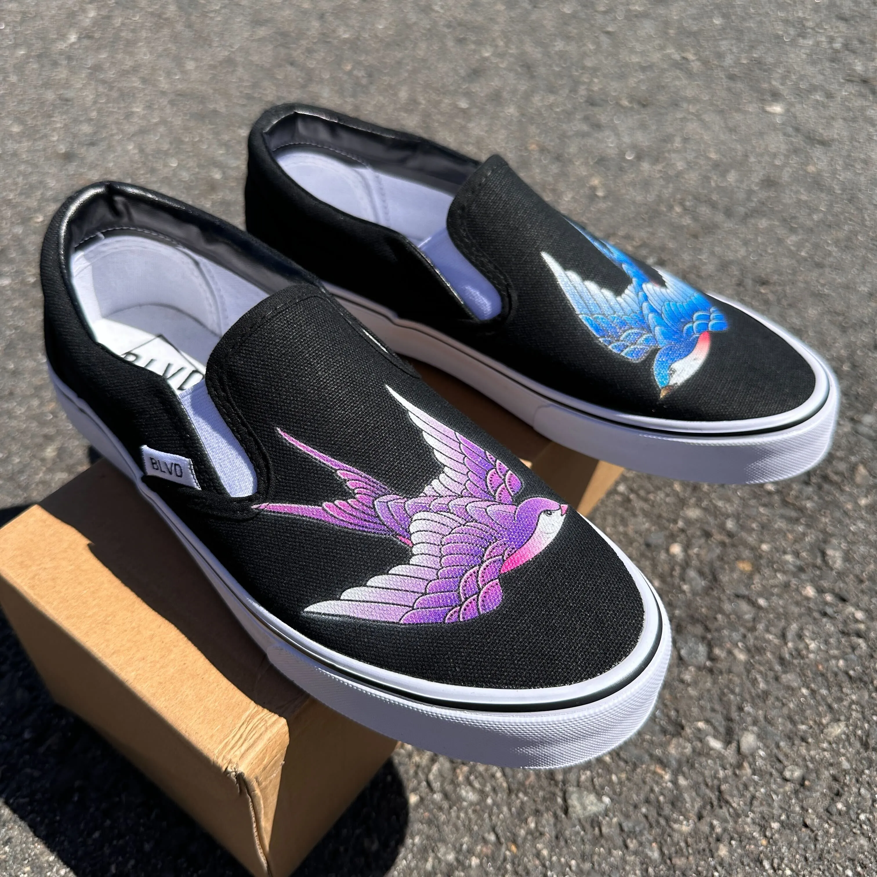 Purple And Blue Sparrows - BLVD Custom Original Slip Ons