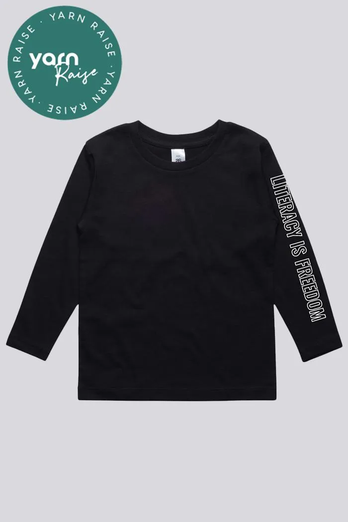 "Literacy is Freedom" Black Cotton Crew Neck Youth Long Sleeve T-Shirt