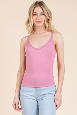 Ribbed V-neck Lace Trim With Strap Tank Top