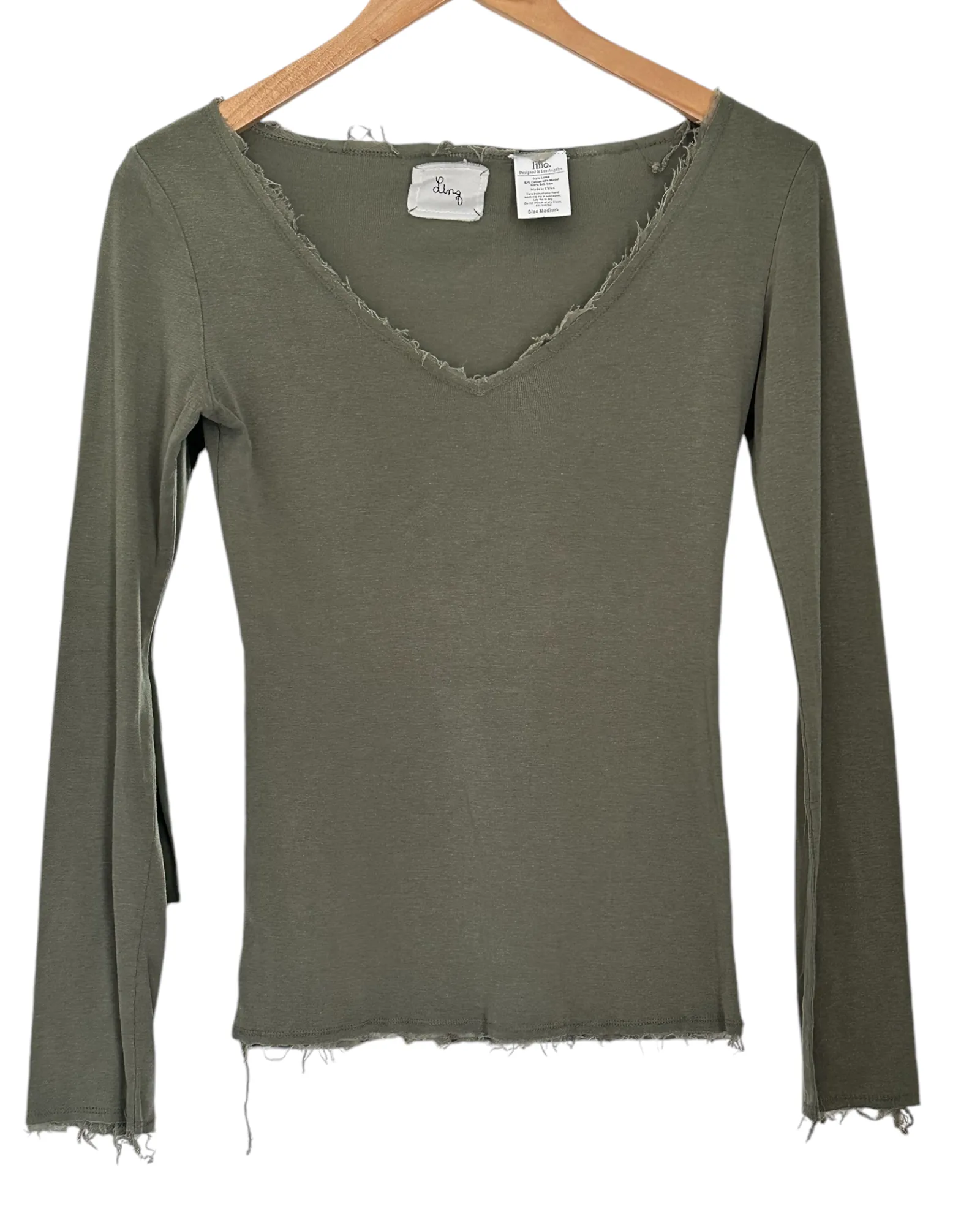 Soft Autumn Sage Raw Hem V-Neck Tee