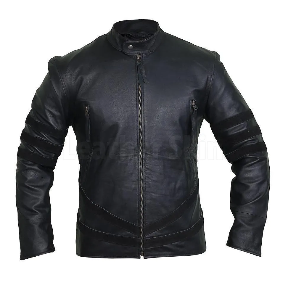 Spectacular Ebony Black Striped Leather Racer Jacket