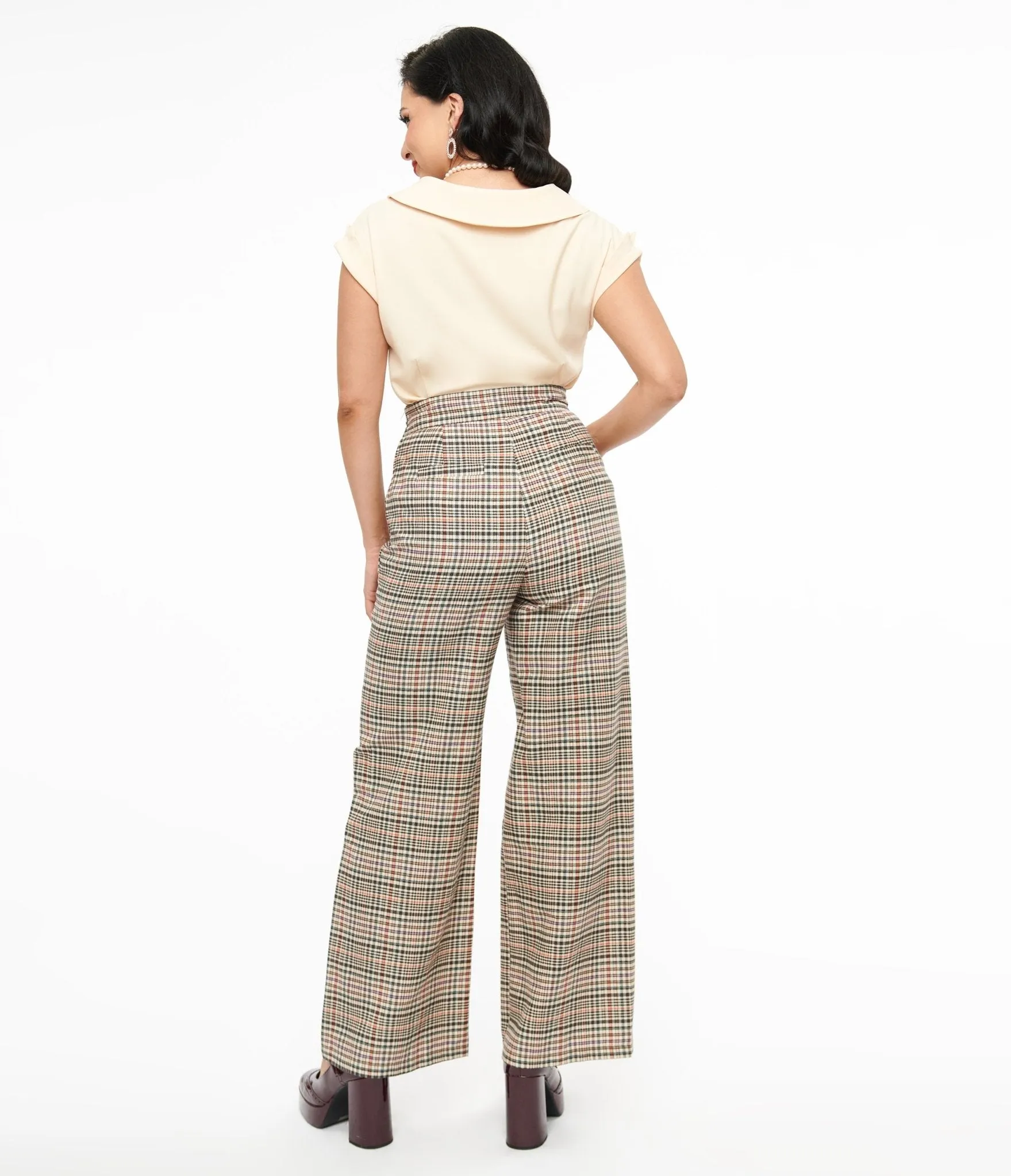 Unique Vintage 1940s Beige Plaid High Waist Sailor Ginger Pants