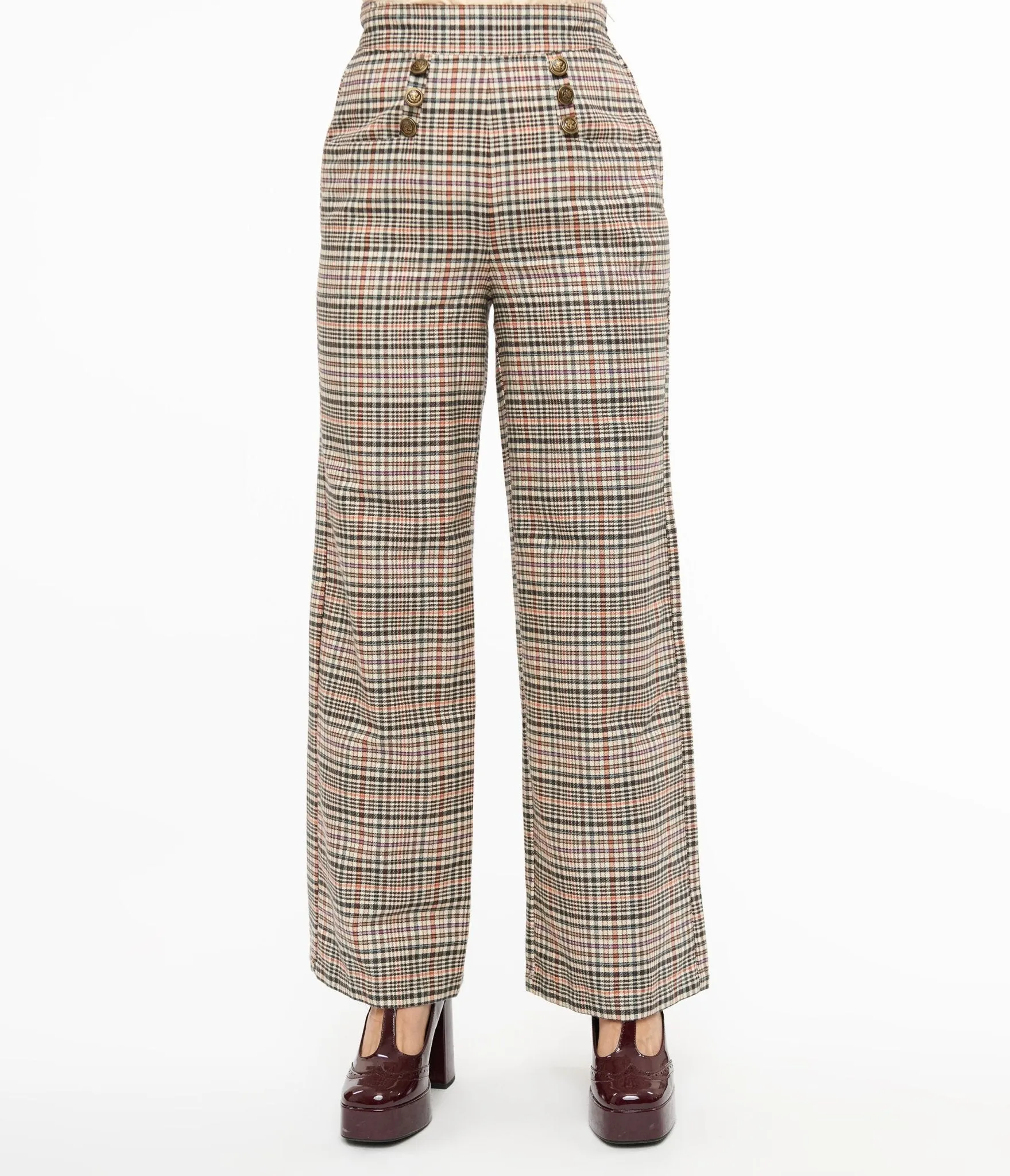 Unique Vintage 1940s Beige Plaid High Waist Sailor Ginger Pants