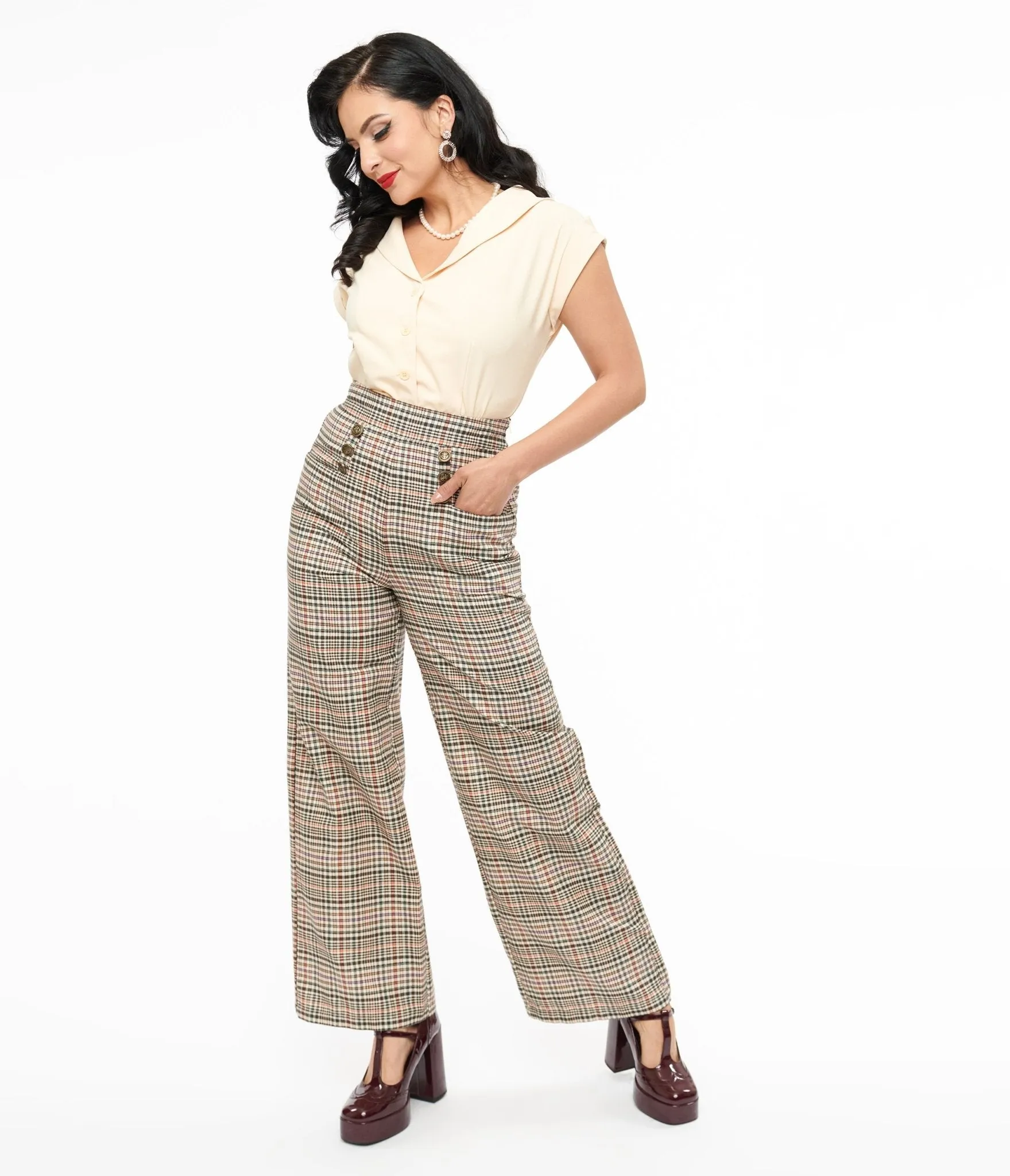 Unique Vintage 1940s Beige Plaid High Waist Sailor Ginger Pants